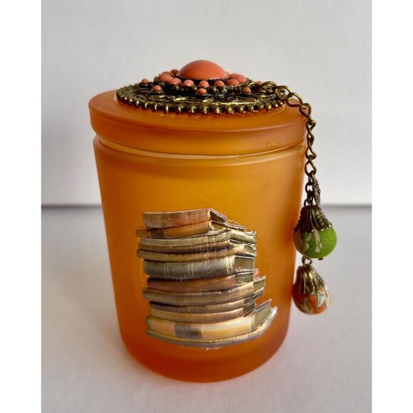 Orange Glass Jar Books Jewel Encrusted Lid Ball Tassle Vanity Jar Jeweled Orange - Picture 4 of 10